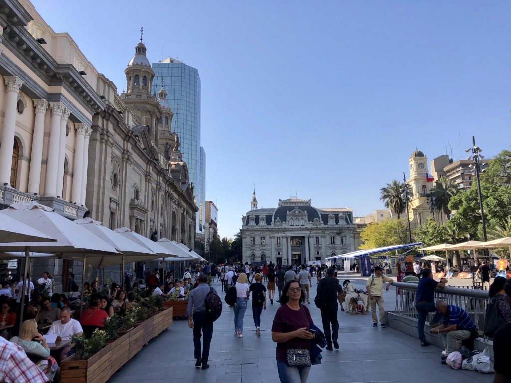 A photo of Plaza de Armas in Santiago. It's the main square in the city with European influences on the building. 