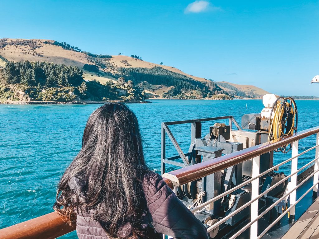 Me standing on the deck of a Holland America ship looking at a view of the rolling, green hills in New Zealand