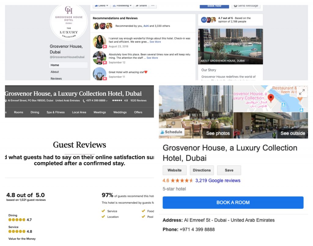 A photo showing hotel reviews on Google, Facebook, and the hotel's website.