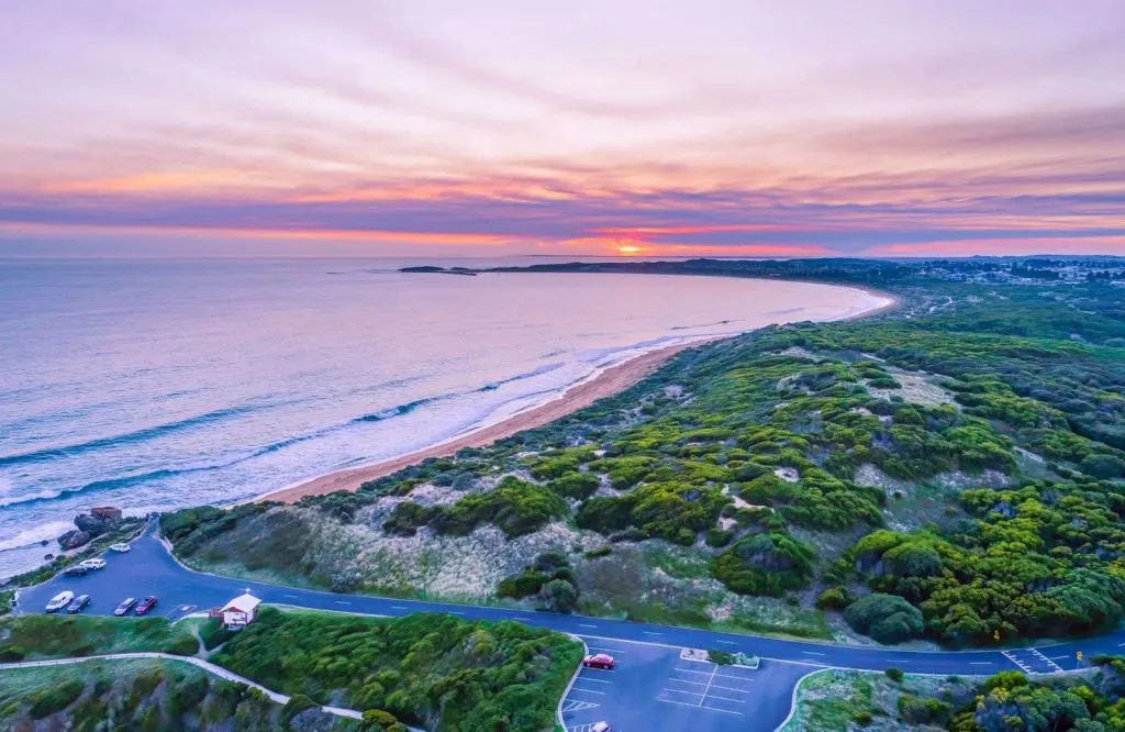 Sunset along the ocean in Warrnambool near Allansford, which is where you'll end on your Great Ocean Road stops.