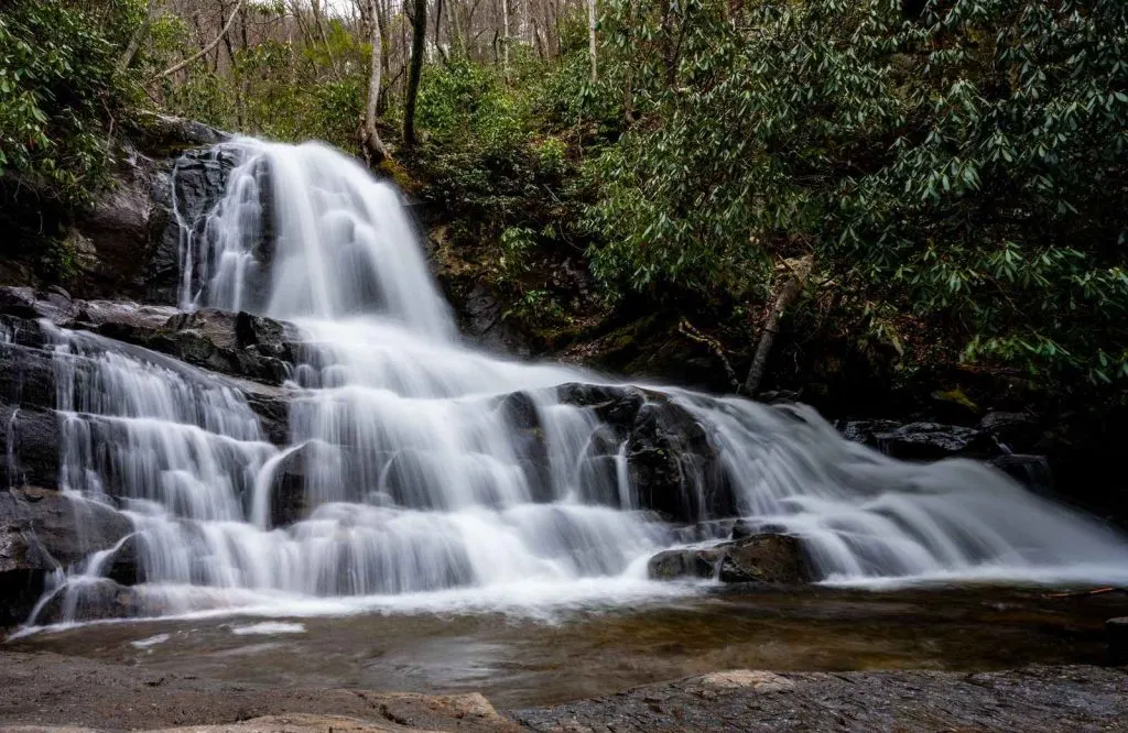 Laurel Falls in all its strength with dark green trees behind it, which is one of the best waterfalls Smoky Mountains.