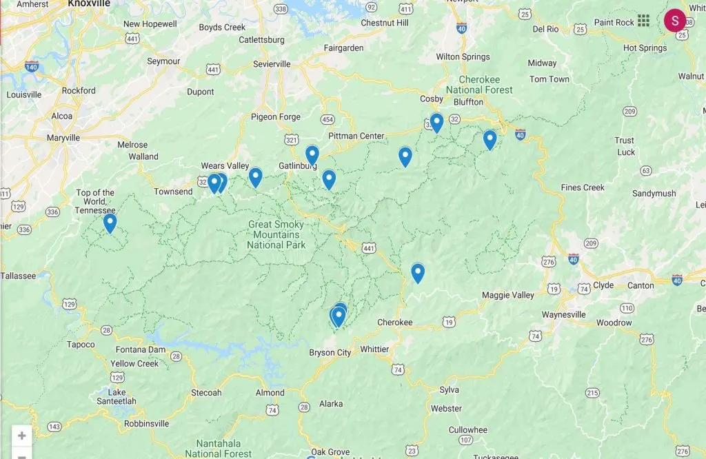 A map with blue markers showing the best waterfalls Smoky Mountains.
