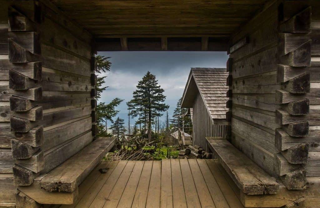 The view taken from a frame in a building in a log cabin which is one of the best views in the Smoky Mountains.