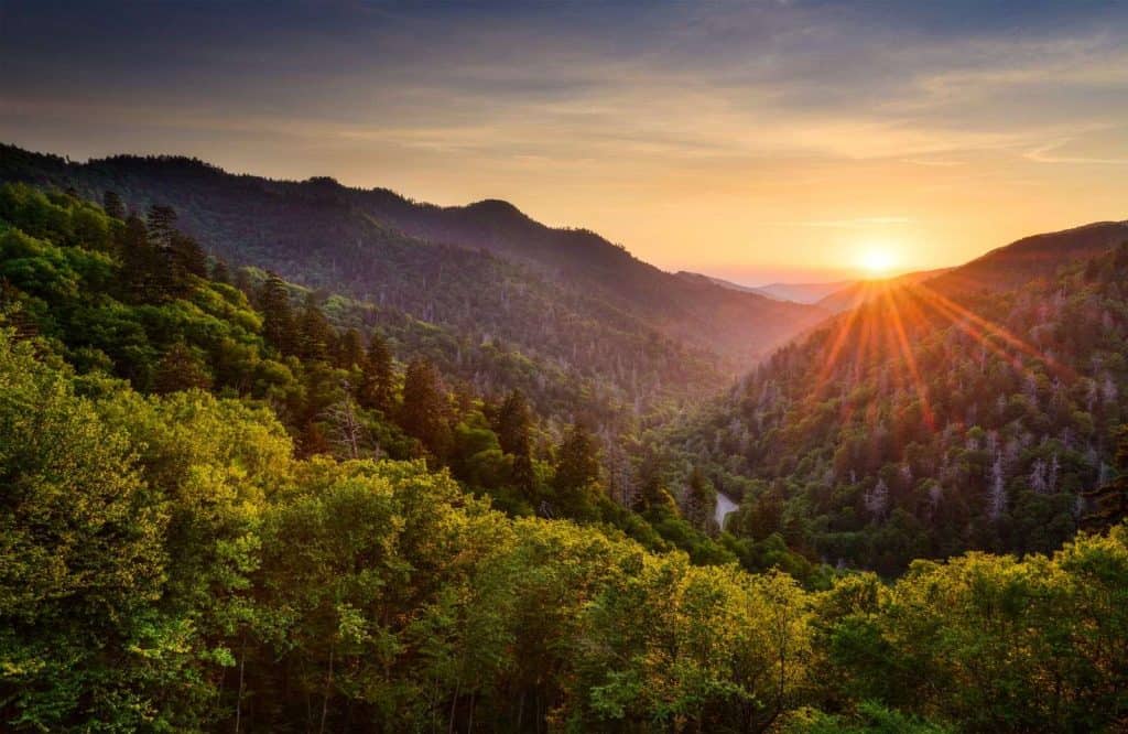 The sunset behind Newfound Gap which is one of the best views in the Smoky Mountains.