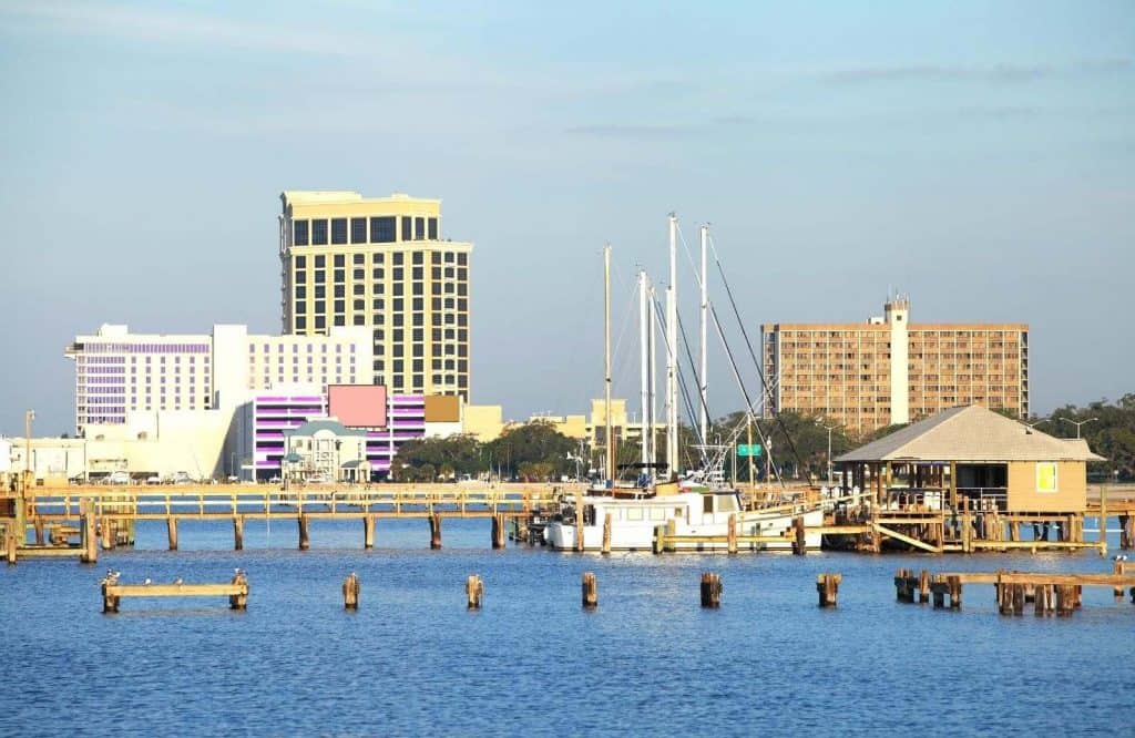 A few hotels and resorts lined up along the water in Biloxi.
