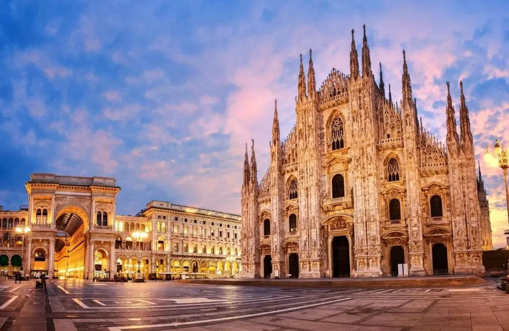 Milan Cathedral under cotton candy skies, what is Italy known for.