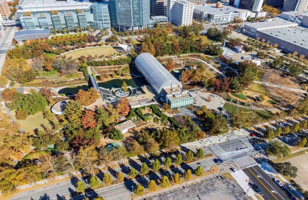 An aerial view of the Myriad Botanical Gardens which are a must on any one day in Oklahoma City itinerary.