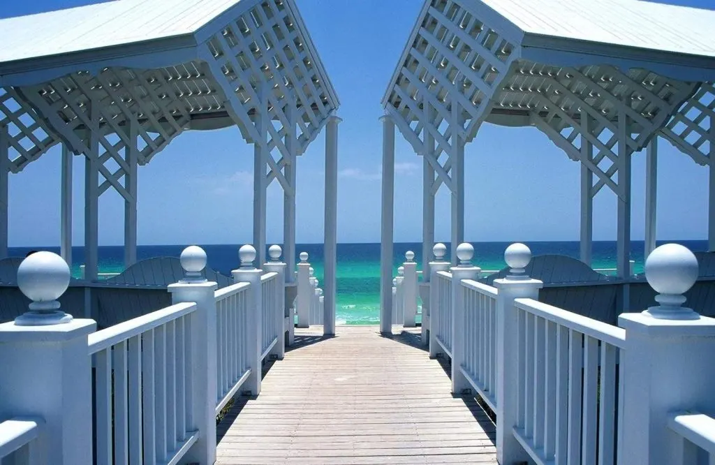 A white pavilion leading down to Navarre Beach, which is one of the best beaches in the Florida Panhandle.