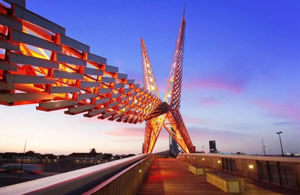 Skydance Bridge lit up in the dark in the shape of scissortail bird for one day in Oklahoma City.