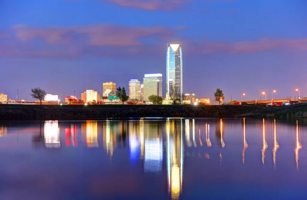 The Oklahoma City skyline at night with Vast in the Devon Tower for one day in Oklahoma City.
