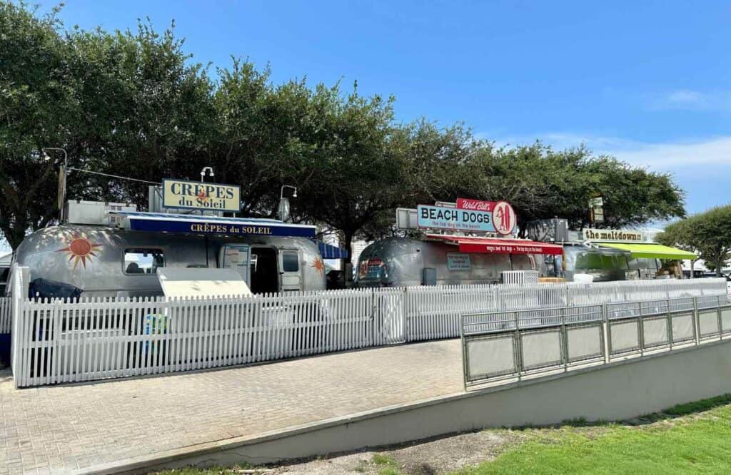 Rows of airstreams in Seaside that operate as food trucks.