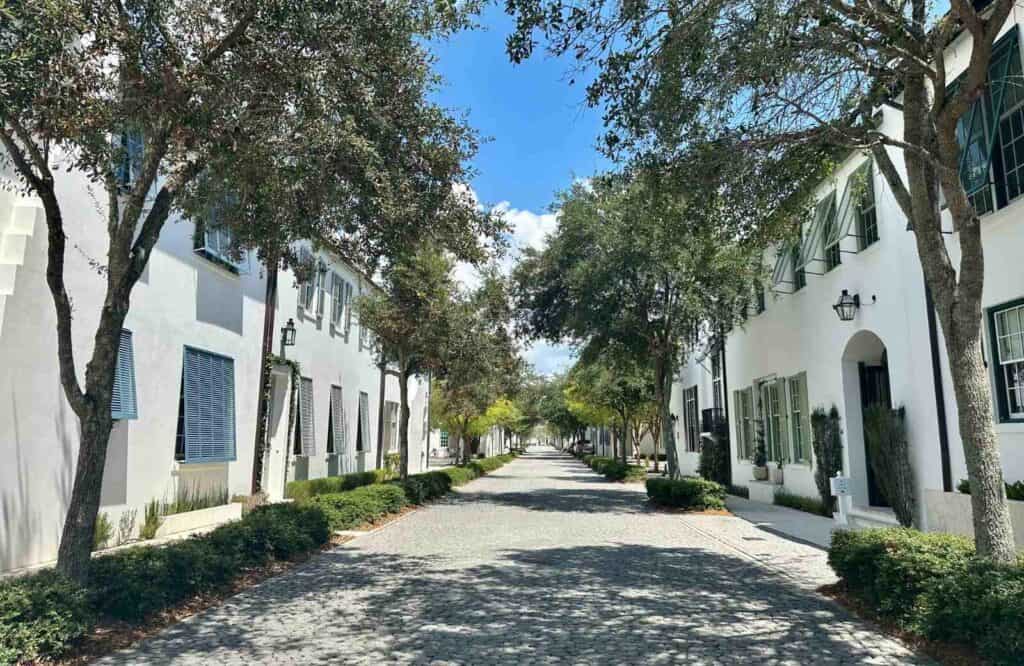 A row of white luxury condos in Alys Beach, which is one of the best things to do in Seaside Fl.