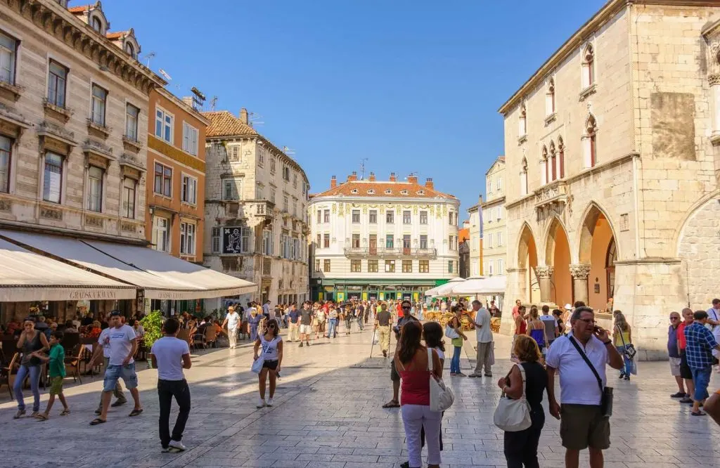 People's Square in Split which is a town square with restaurants and shops.