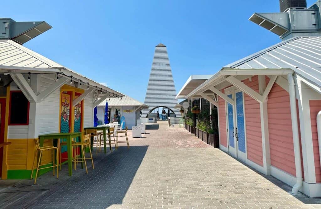 A white, towering beach pavilion in Seaside, Florida.