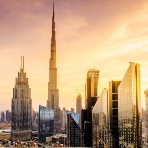 The skyline of Dubai with the sunrise or sunset for 1 day in Dubai.
