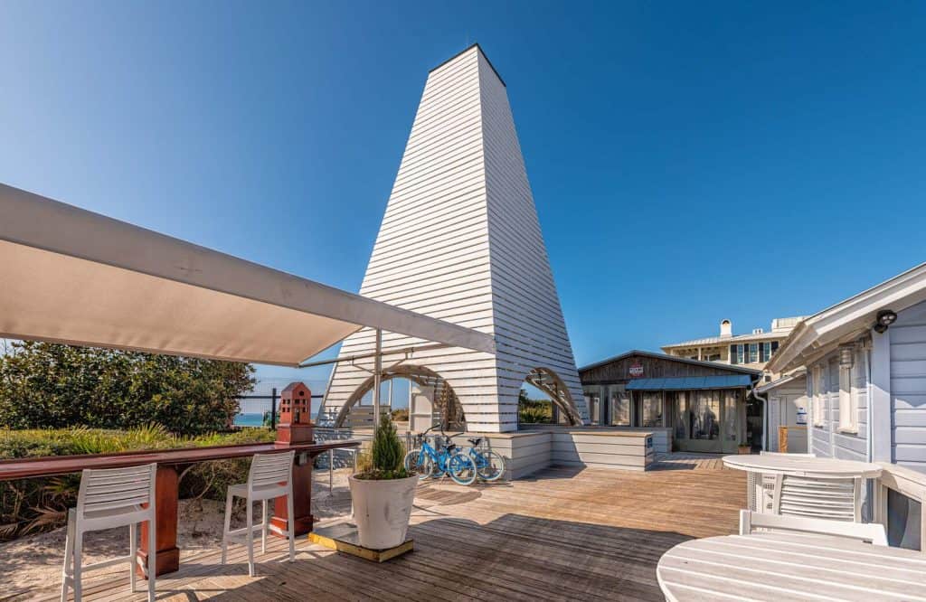 A white, towering beach pavilion in Seaside, Florida.