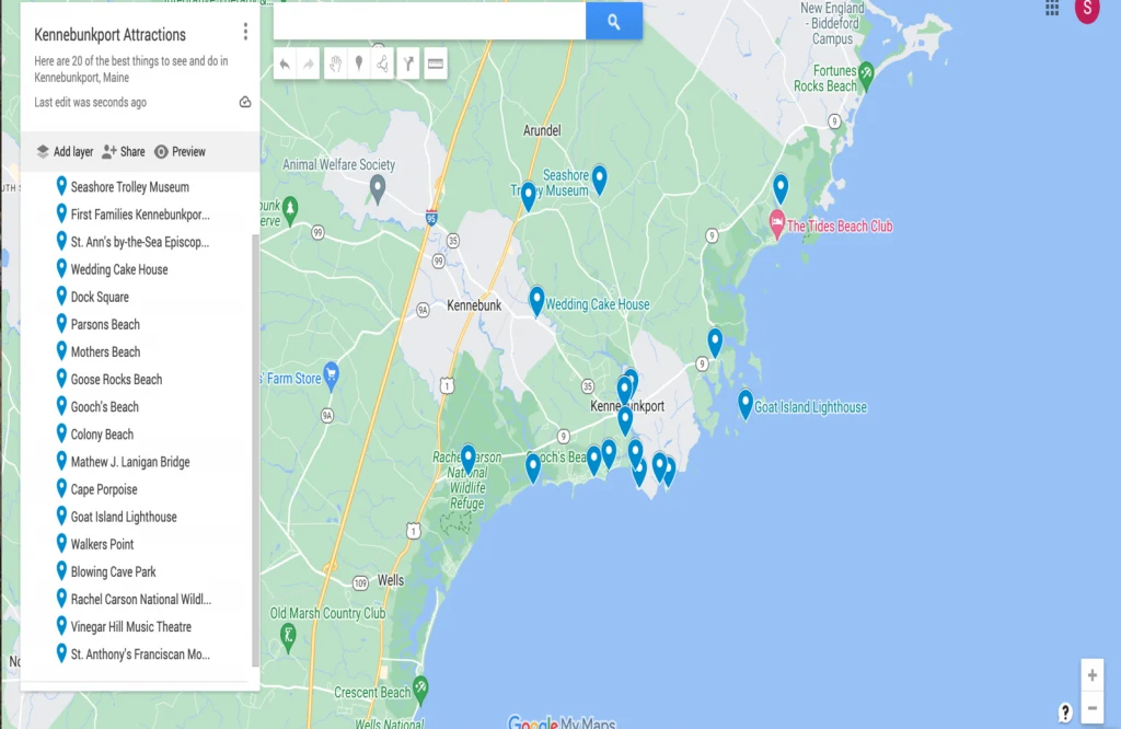 A map of the Kennebunkport things to do mentioned on this article.