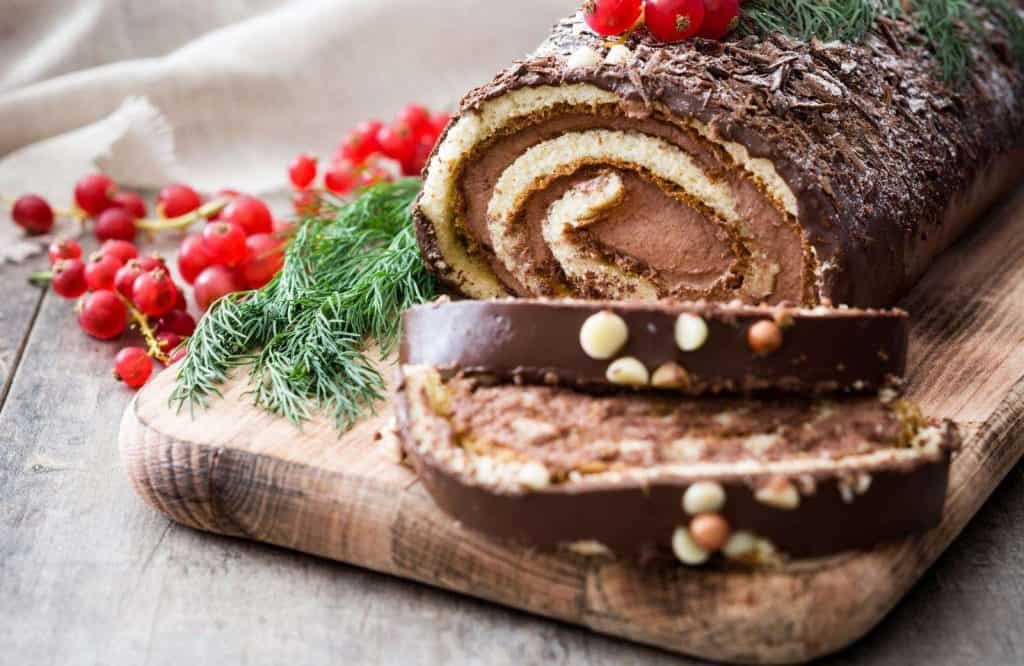 A chocolate sliced pastry known as a Buche de Noel or a Yule Log.