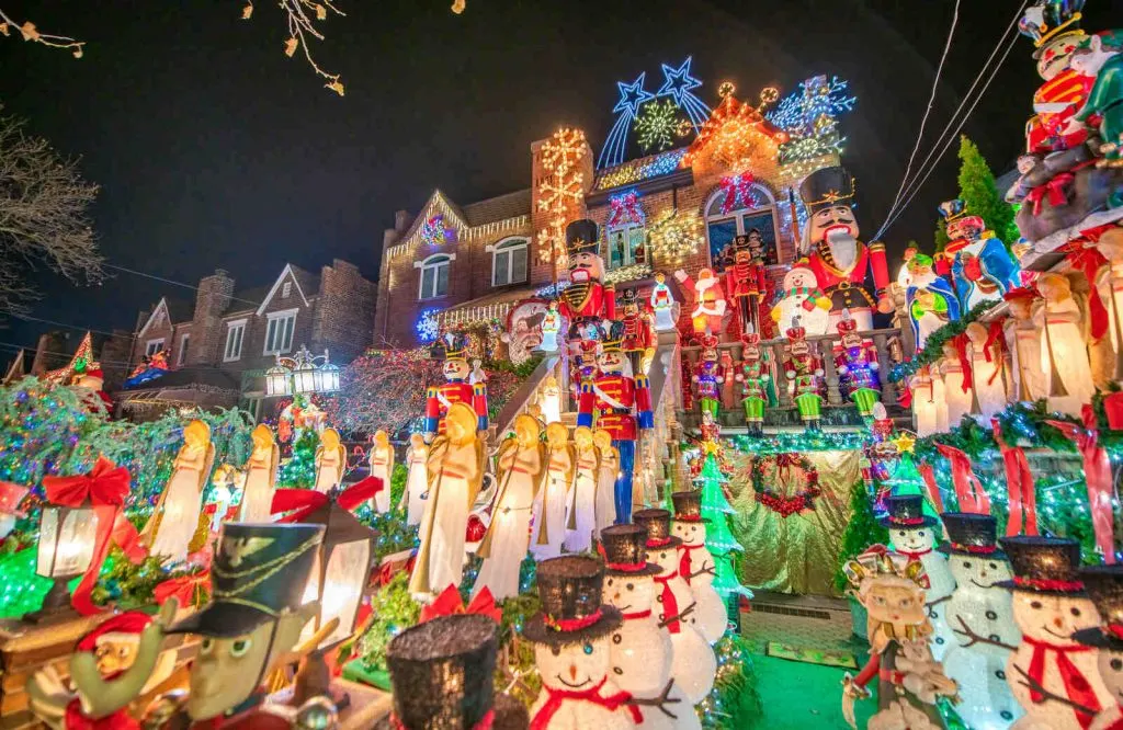 A house decorated with lots of Christmas decorations in Dyker Heights.