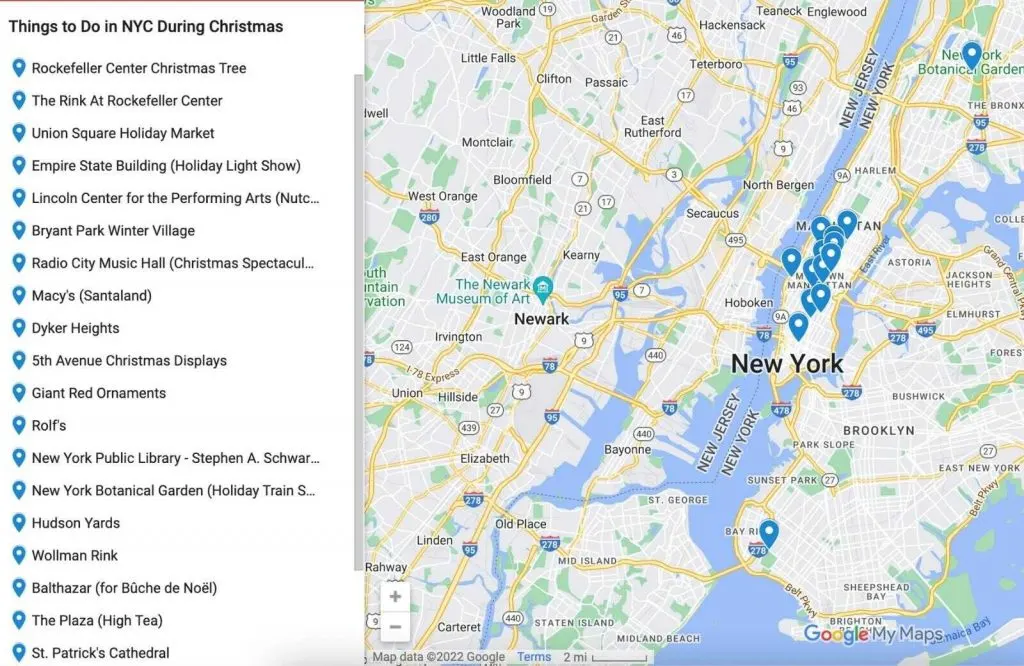 A map showing all the New York City Christmas things to do.