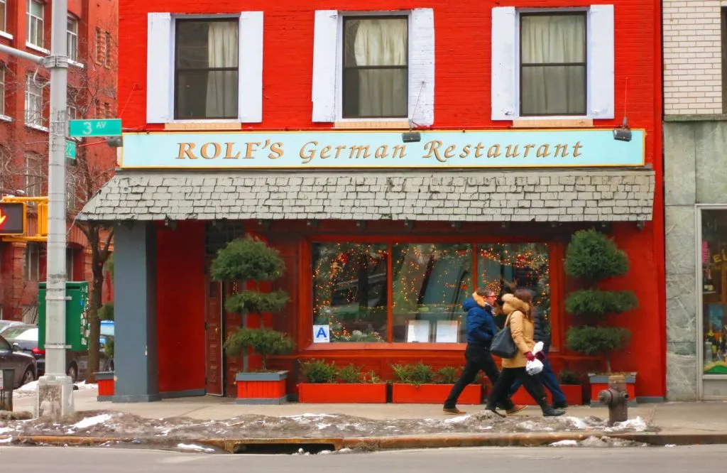 The exterior of Rolf's German restaurant in New York City's.