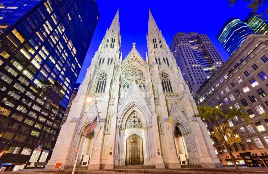 St. Patrick's Cathedral in New York City at night.