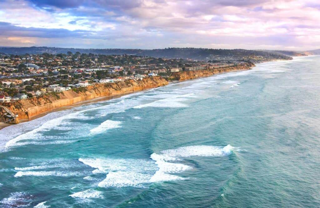 Aerial view of the coastal cliffs along the coast in Solana Beach, California.