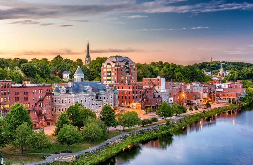 Aerial view of downtown Augusta, Maine along the river.