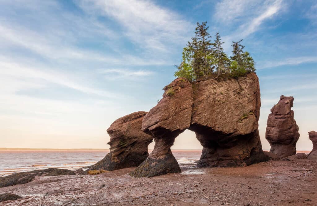 Unique rock formations soaring out of the ocean in the Bay of Fundy.