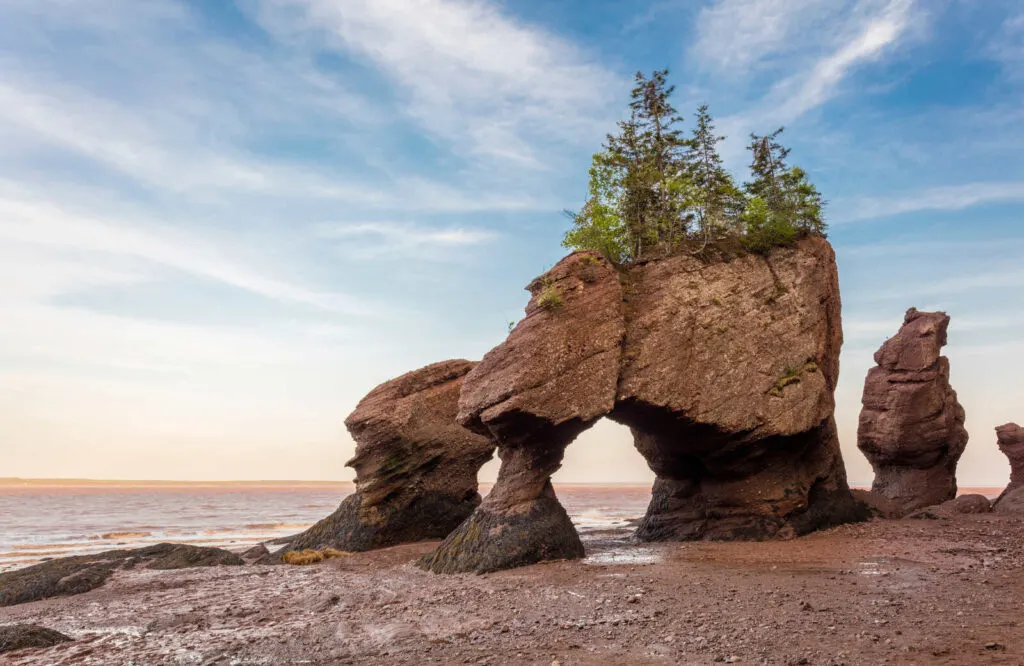 Unique rock formations soaring out of the ocean in the Bay of Fundy.