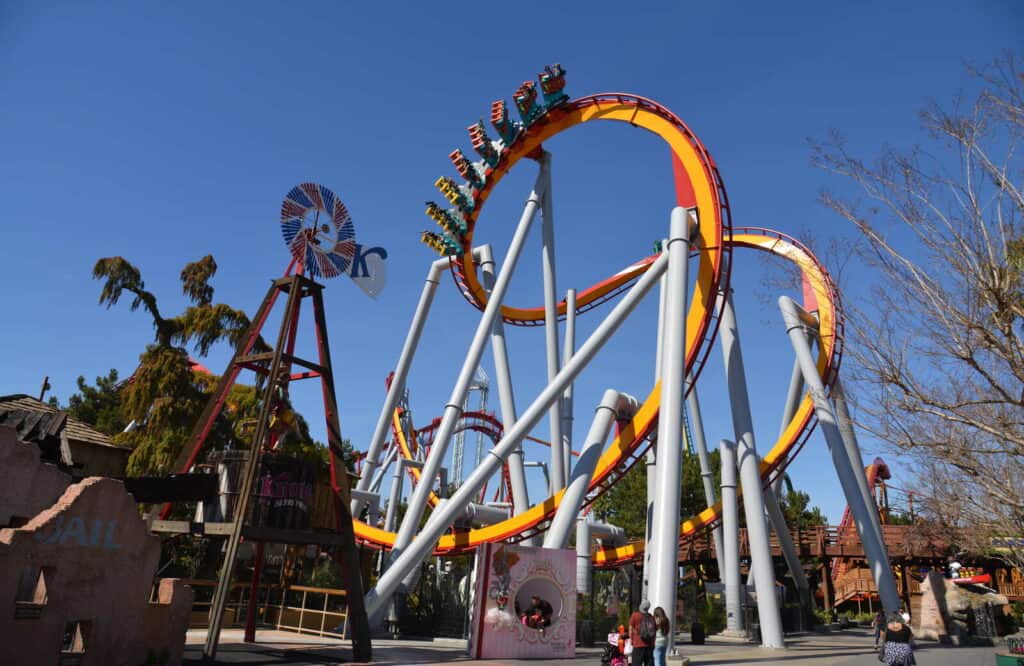 Red and yellow roller coaster at Knott's Berry Farm.