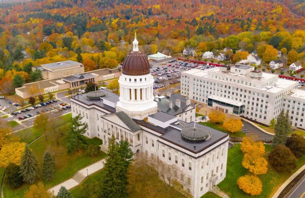 Aerial view of Maine State House which is the capital building of Maine.