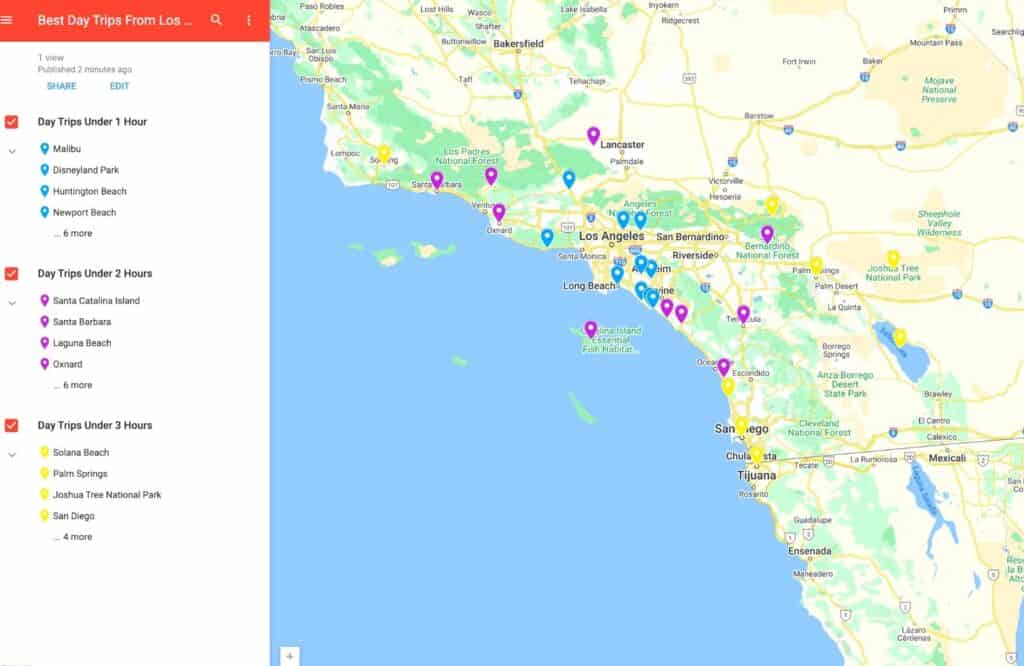 Map of the best day trips from LA.
