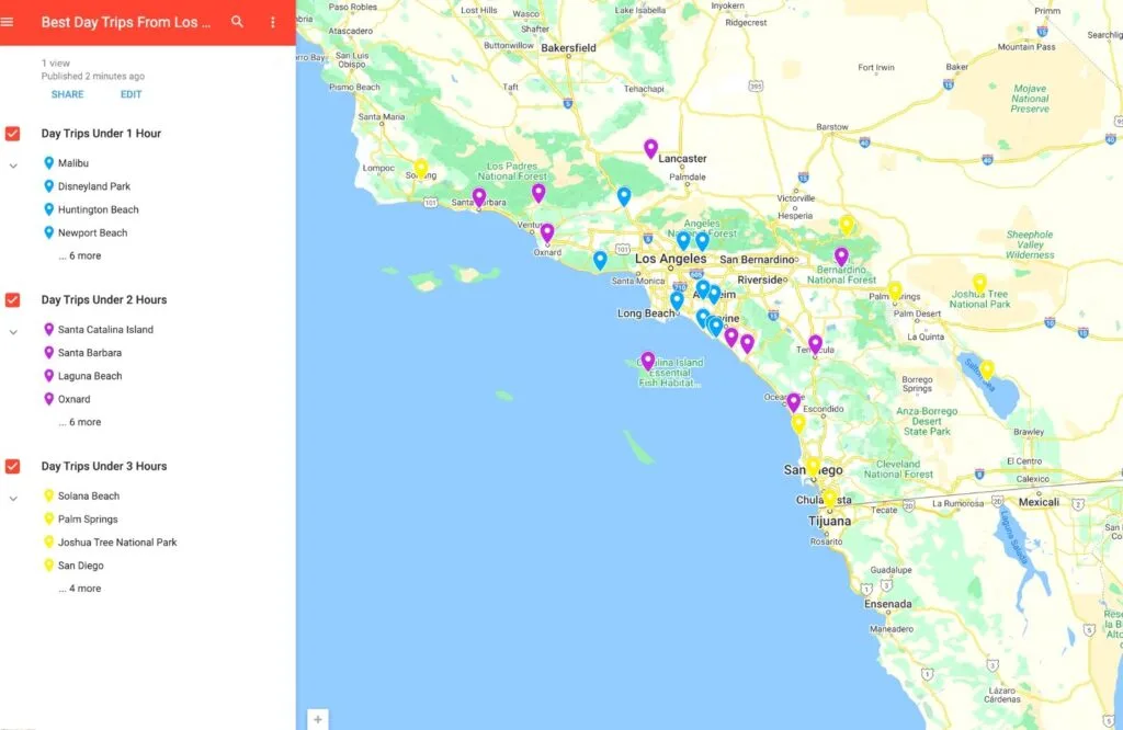 Map of the best day trips from LA.