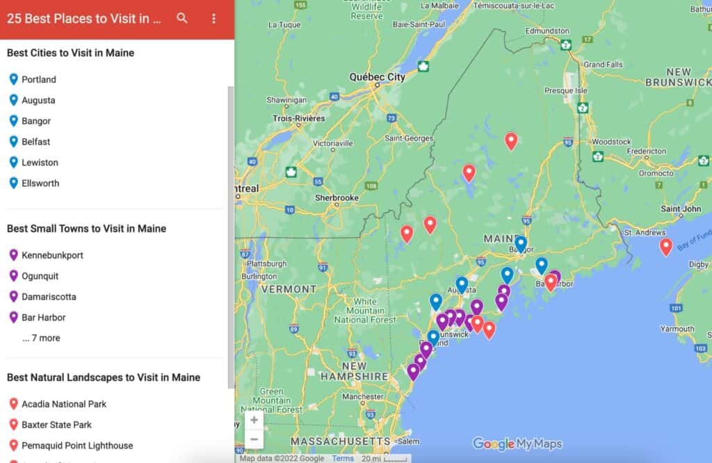 A clickable map that shows where the best places to go in Maine are.
