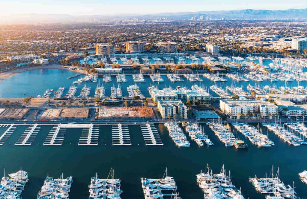 Aerial view of boats in Marina Del Rey, California.