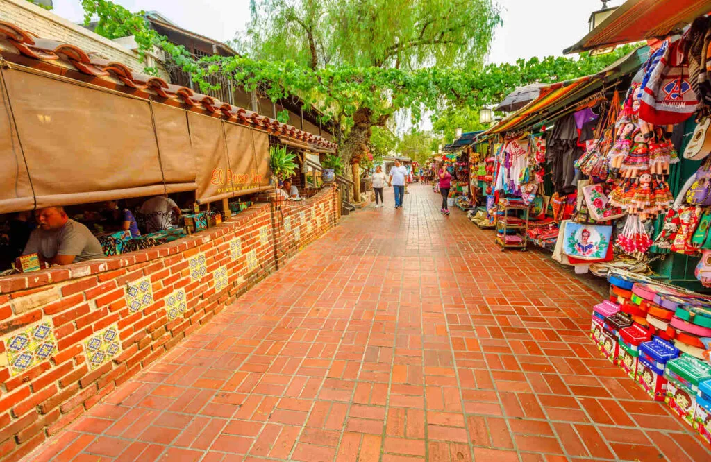 Restaurants and small shops along Olvera Street in Los Angeles.