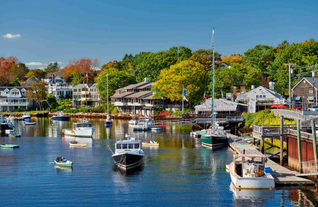 Boats lined along Perkins Cove in Ogunquit, Maine.