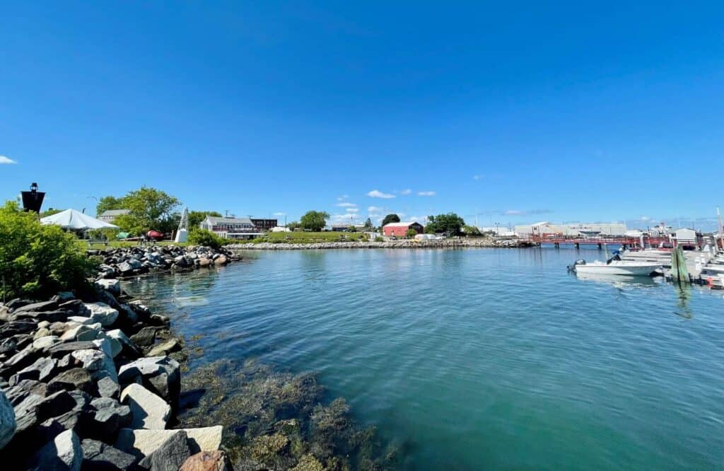 Rockland Harbor with boats in it in Rockland, Maine.