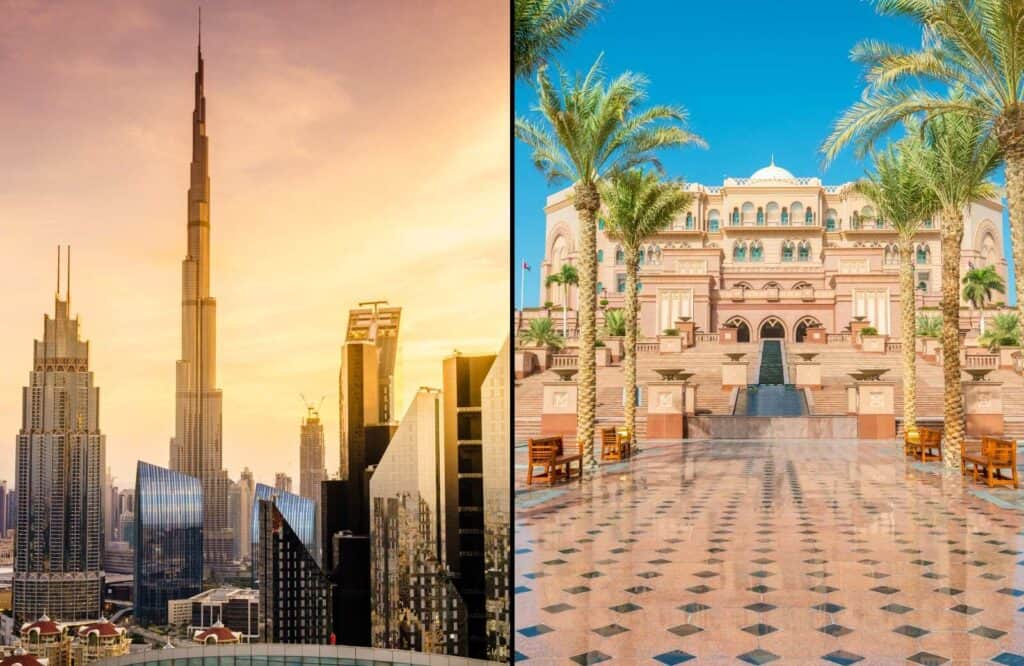 An image showcasing the skyline of Dubai and the Emirates Palace in Abu Dhabi comparing Abu Dhabi vs Dubai.