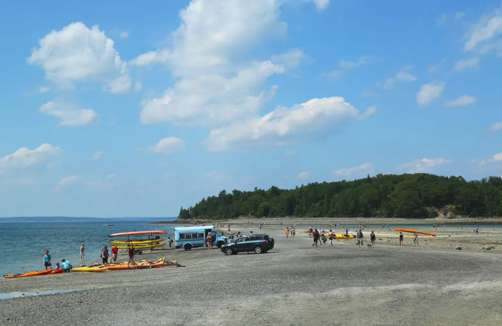 A bus and SUV with kayaks while people cross the Bar Island Land Bridge at low tide.