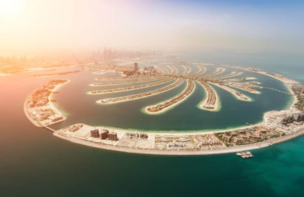 Aerial view of the Palm Jumeirah in Dubai which are manmade islands that resemble a palm tree.