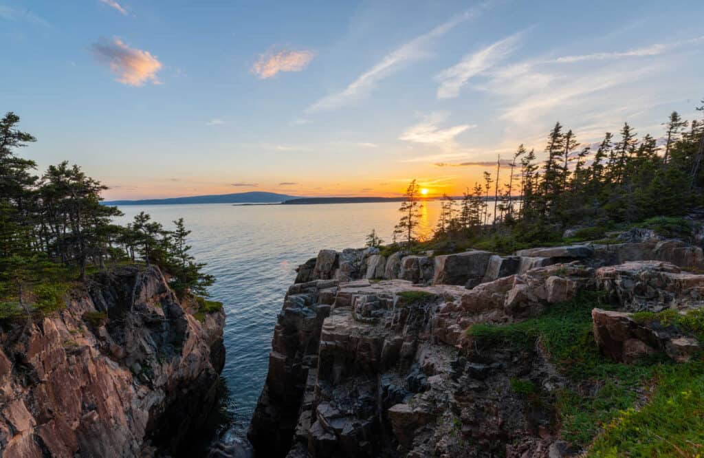 A rocky cove along the Schoodic Peninsula at sunrise or sunsest.
