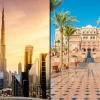 An image divided into two individual images with the left side being the skyline of Dubai and the right side being Abu Dhabi, which highlights Abu Dhabi vs Dubai.