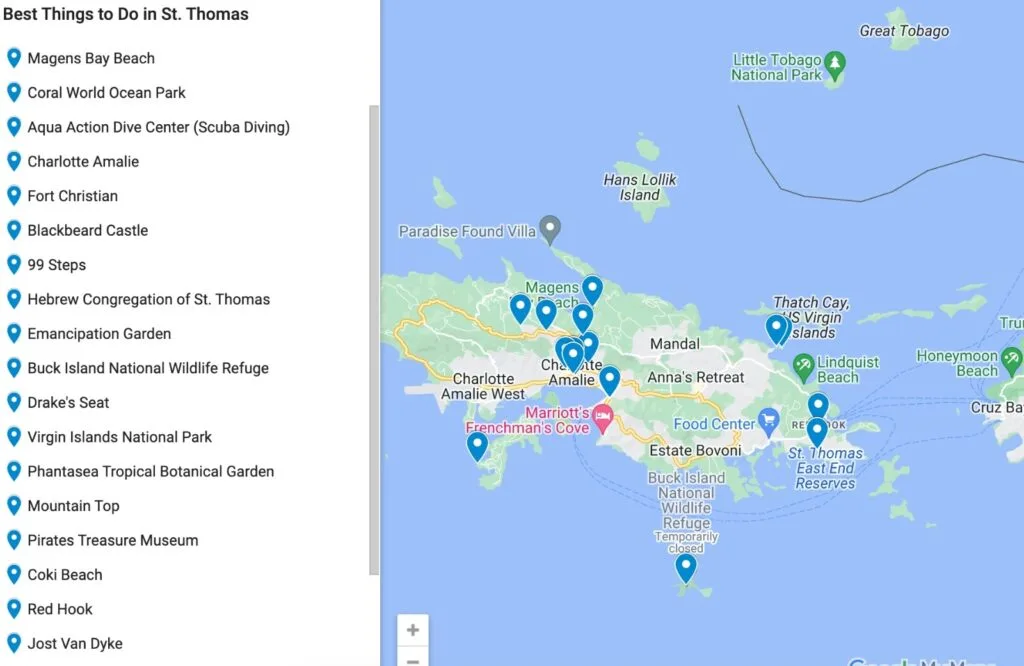 A clickable map that shows all the attractions and things to do in St. Thomas.