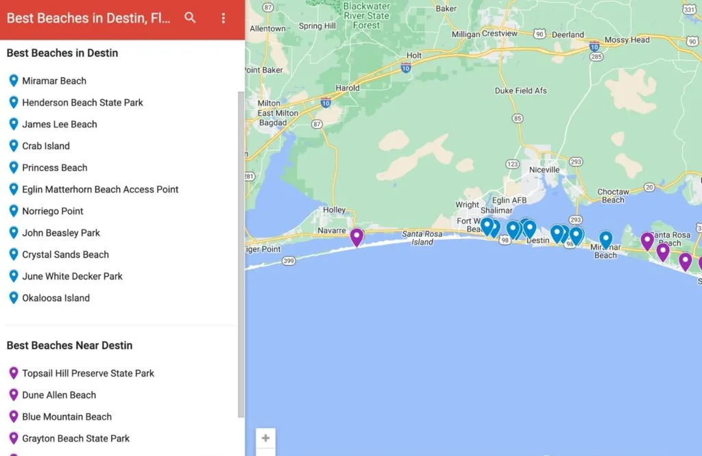 Clickable map of the top beaches in Destin Florida.