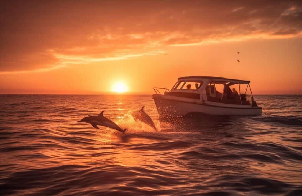 A boat on the water at sunset with two dolphins jumping out of the water, which is a great dolphin cruise Destin Fl.