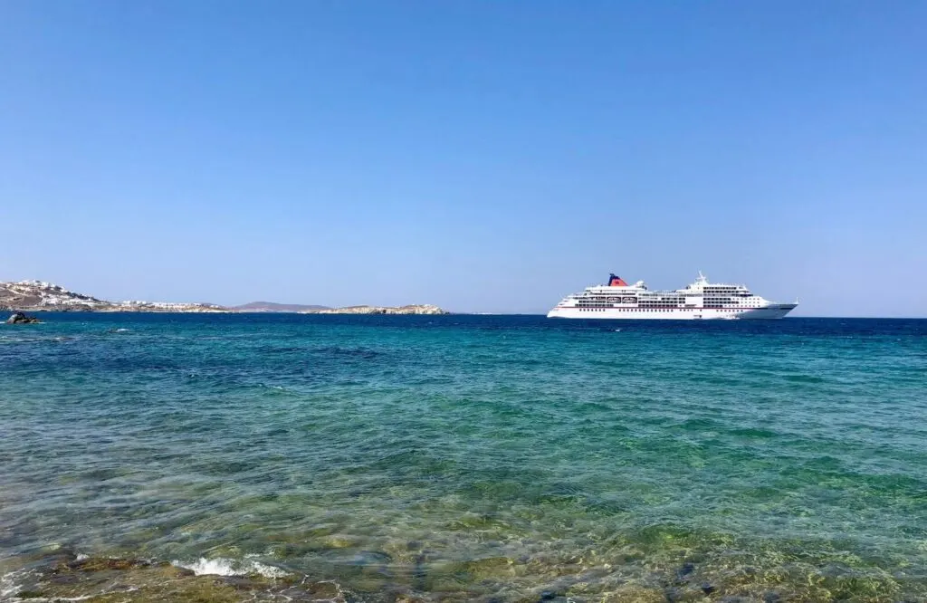 A cruise ship in the ocean in Mykonos.