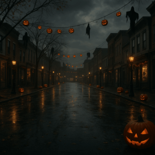 A spooky, rain-slicked small-town street lined with glowing jack-o'-lanterns and hanging ghost decorations under moody evening skies. This eerie setup captures the festive charm found in the best Halloween towns in the USA.