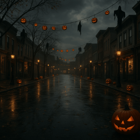 A spooky, rain-slicked small-town street lined with glowing jack-o'-lanterns and hanging ghost decorations under moody evening skies. This eerie setup captures the festive charm found in the best Halloween towns in the USA.